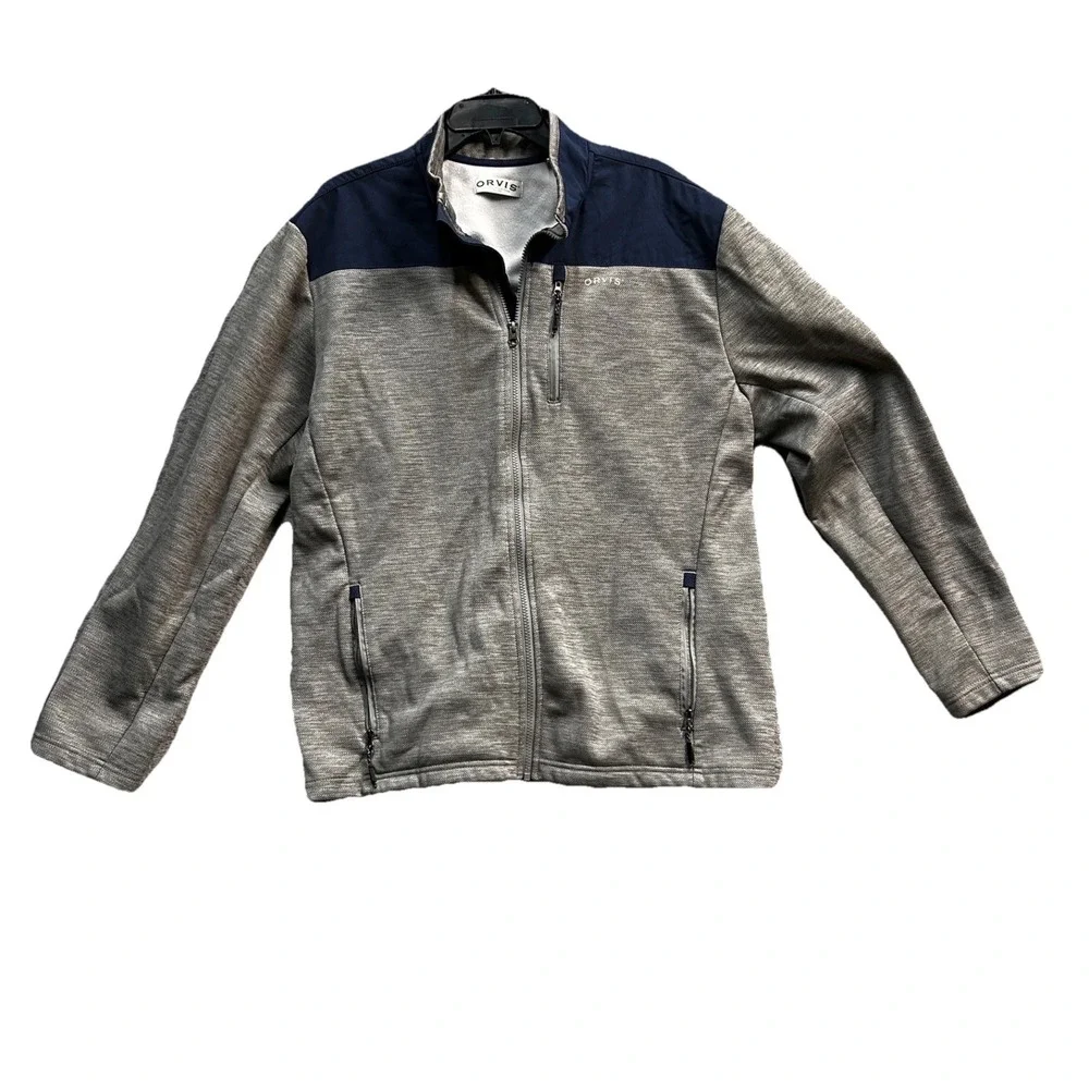 ORVIS Men's Full-Zip Jacket Grey Heather / Navy Yoke Stand Collar Zipper, XL‎